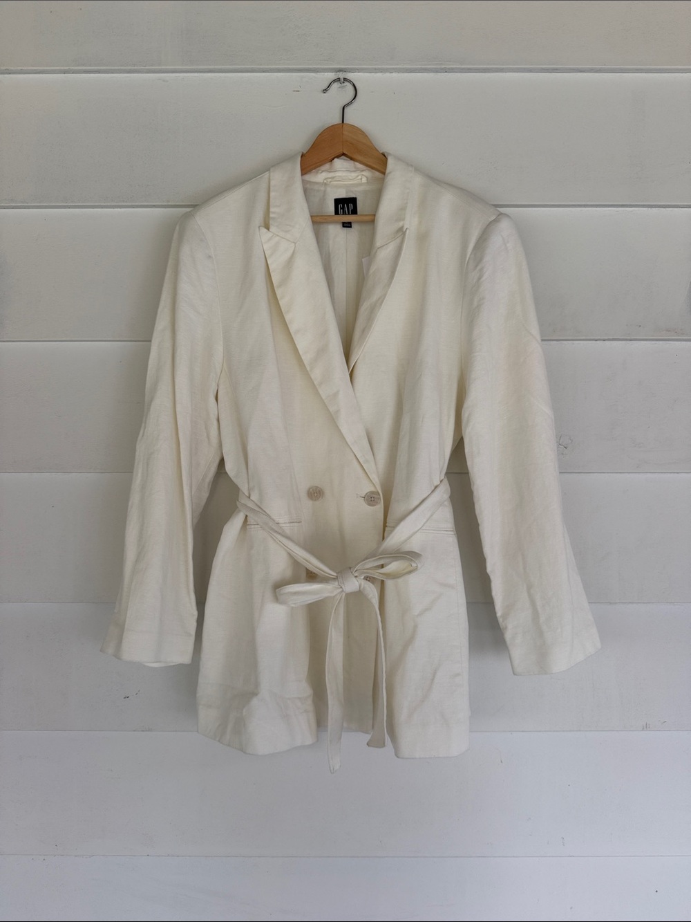 GAP Linen Blend Cream Double-Breasted Tie-Waist Blazer Jacket